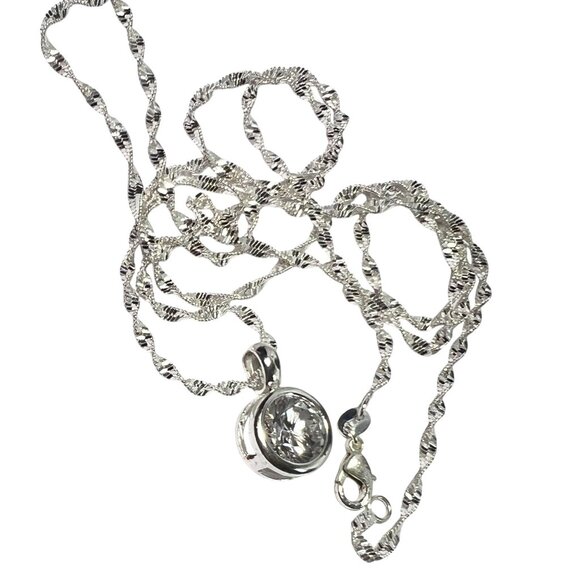 Sterling Silver Jewelry - Sterling Silver Twisted Diamond Cut Chain Necklace Round faceted Crystal Pendant